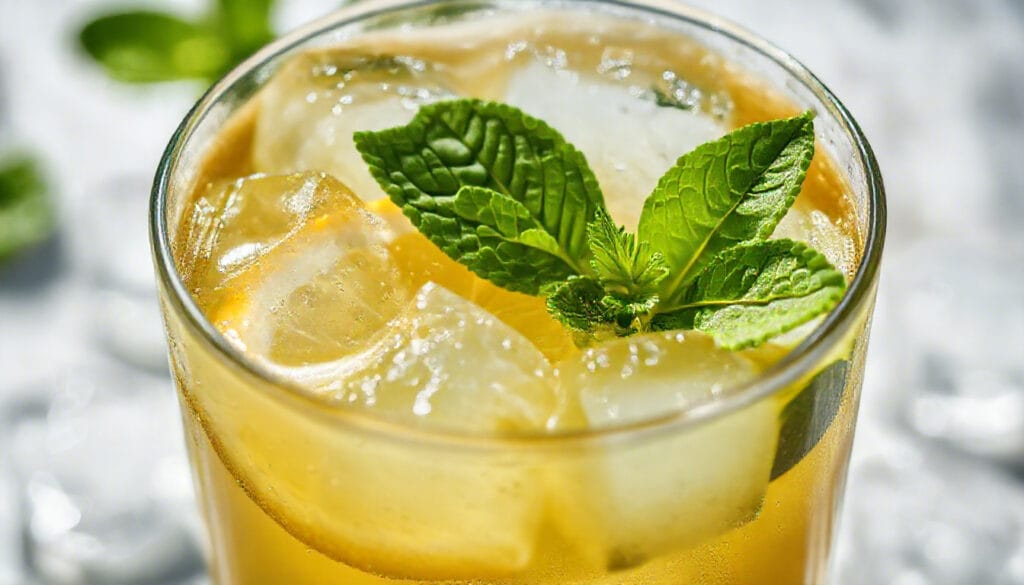 Protein-packed iced green tea with lemon and mint for a refreshing drink