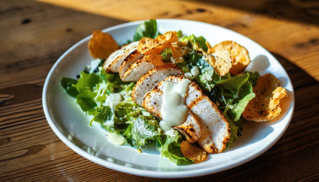 Low-carb Caesar salad with grilled chicken and Parmesan crisps.