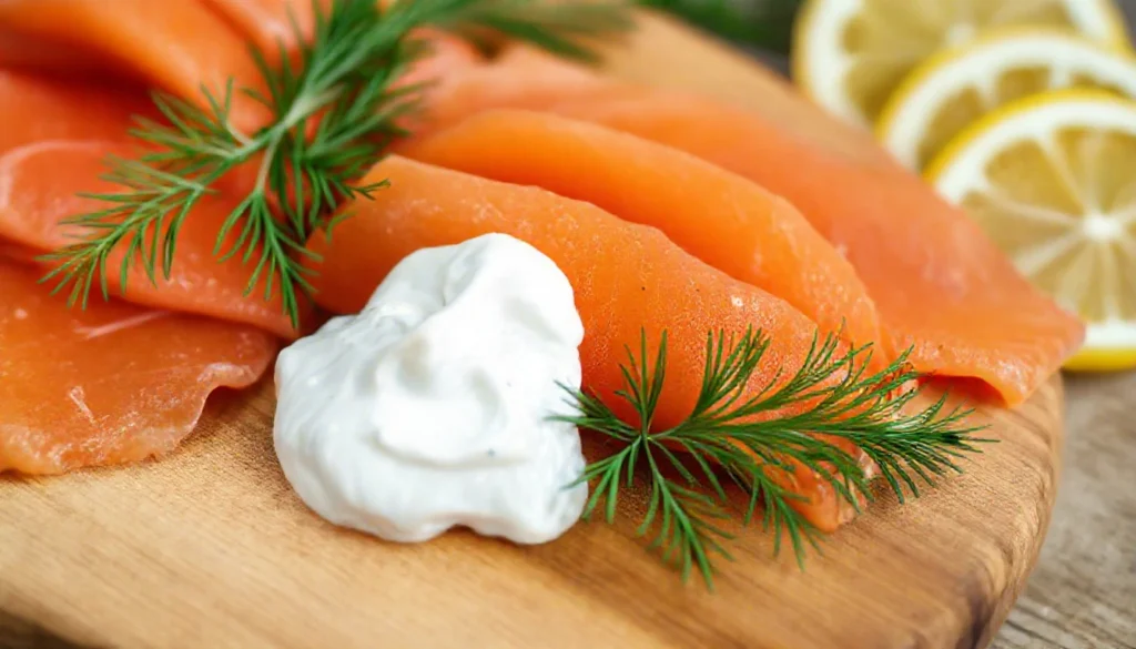 Slices of smoked salmon, cream cheese, fresh dill, and lemon wedges arranged on a wooden board for a quick snack preparation.