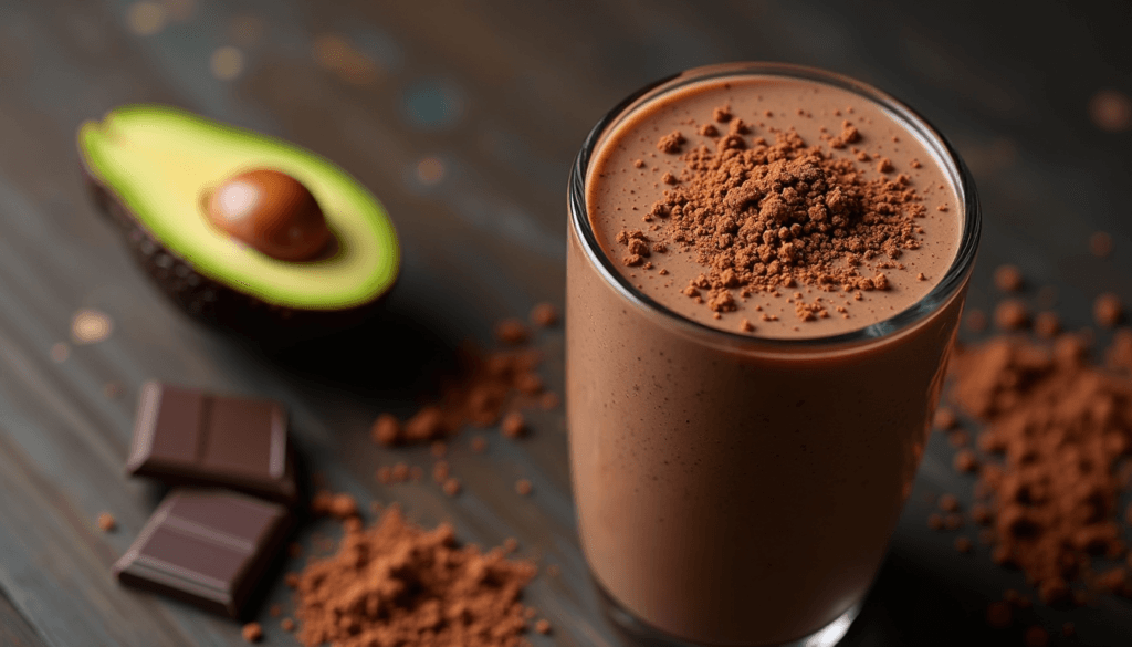 Chocolate avocado low-carb smoothie with cocoa powder and dark chocolate