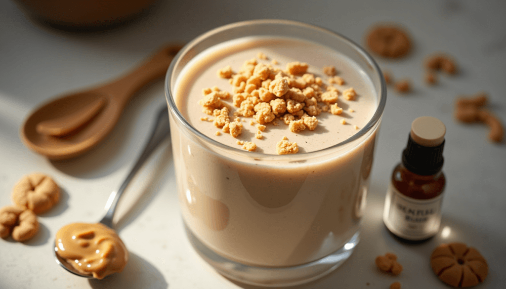 Peanut butter cookie low carb smoothie with vanilla and cookie crumbs.