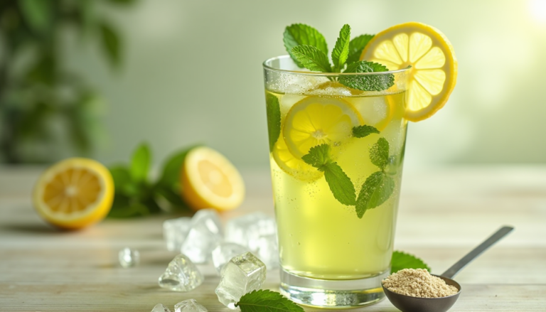 Refreshing protein-boosted iced green tea with lemon and mint.