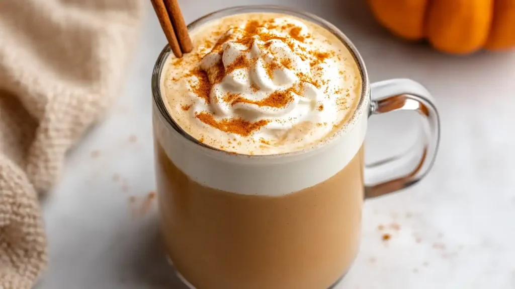 A homemade pumpkin spice latte in a glass mug, topped with whipped cream and cinnamon, surrounded by pumpkins and fall leaves.