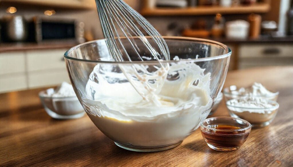 Whisking Greek yogurt and eggs in a bowl, with almond flour, protein powder, and other ingredients on the side