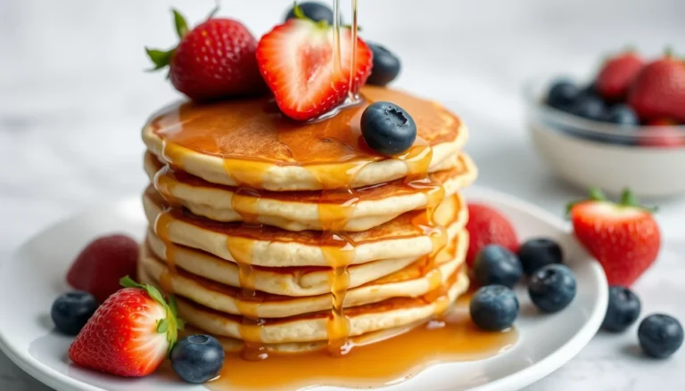 Fluffy Greek Yogurt Protein Pancakes with fresh berries.