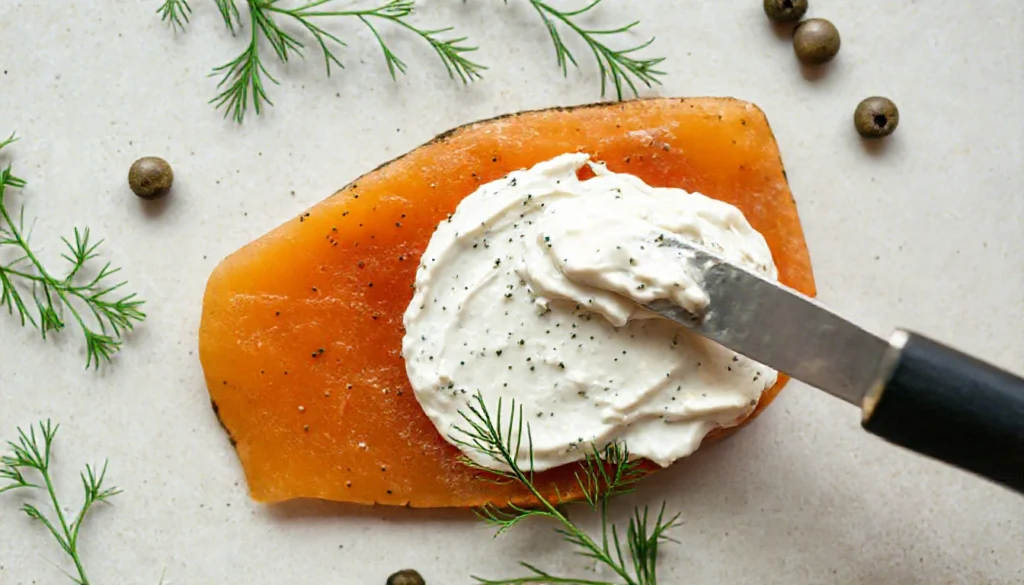 Spreading herbed cream cheese onto smoked salmon slices, showing how easy it is to make these low-carb roll-ups.