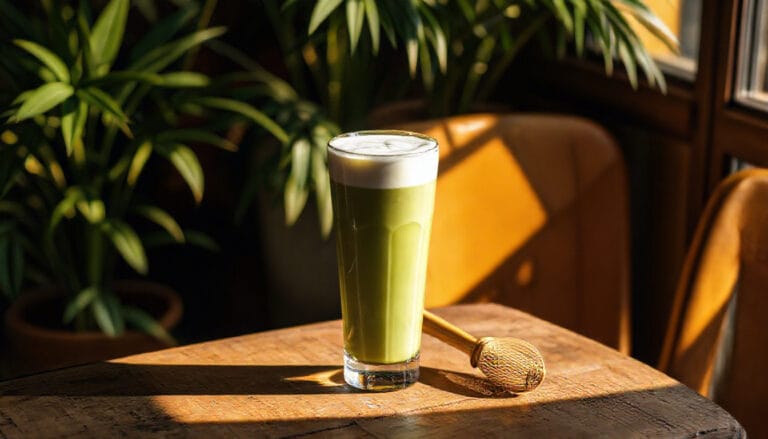 Almond Milk Matcha Latte with frothy almond milk and bamboo whis