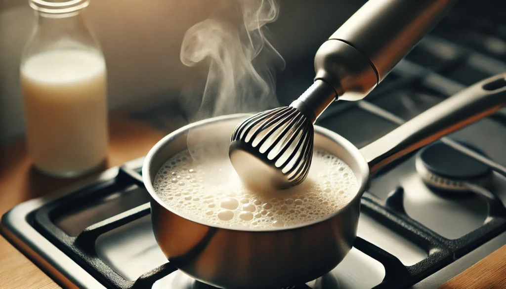 Heating almond milk in a saucepan with a frother creating foam