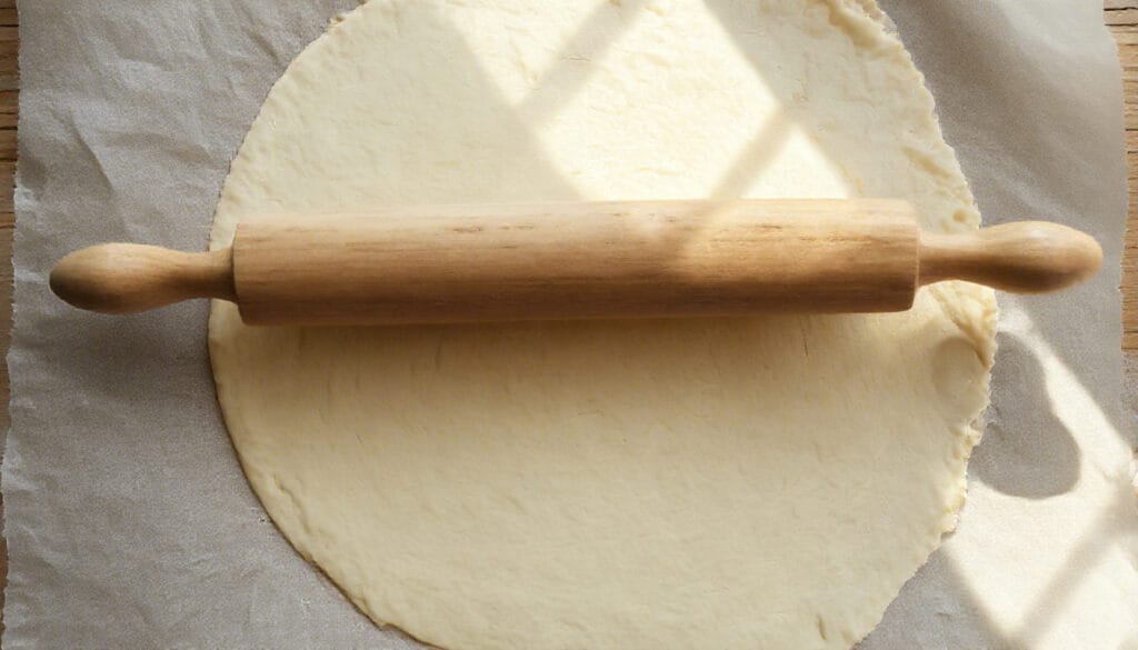 Rolling out low carb tortilla chip dough between parchment paper.