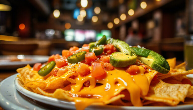 Low carb nachos with homemade tortilla chips topped with cheese and fresh veggies