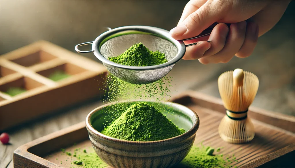 Sifting matcha powder into a bowl to remove clumps