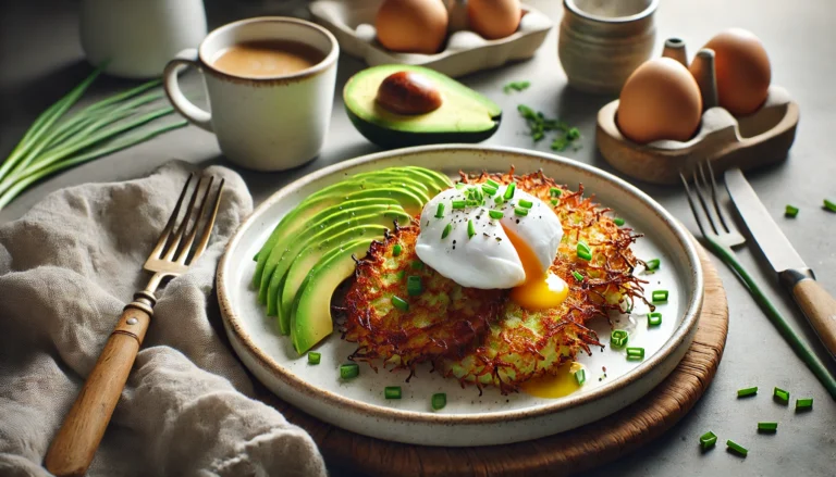 Low Car Nachos cauliflower hash browns with avocado slices and a poached egg on a plate