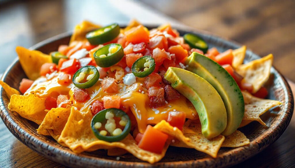 Low carb homemade tortilla chips baked and topped with melted cheese and nacho toppings.