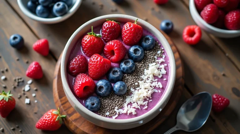 Keto Berry Smoothie Bowl topped with fresh berries and shredded coconut