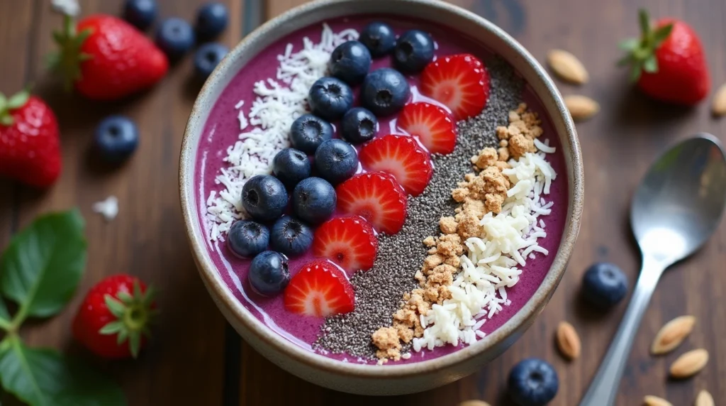 Finished Keto Berry Smoothie Bowl with fresh berries, shredded coconut, and chia seeds.