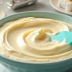 A bowl of creamy, firm cream cheese filling with a spatula and baking ingredients in the background