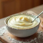 A creamy bowl of homemade cream cheese filling surrounded by baking ingredients