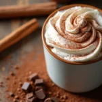 A mug of bone broth hot cocoa with whipped cream and cocoa powder