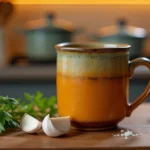 Can I Just Heat Up Bone Broth and Drink It? find out now: A cup of bone broth in a rustic ceramic mug with herbs and spices