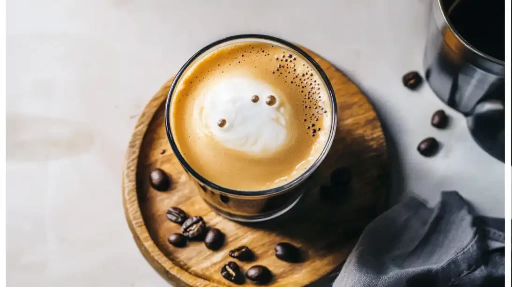 A creamy breve coffee in a glass mug with thick foam, surrounded by half-and-half, a frother, and coffee beans.