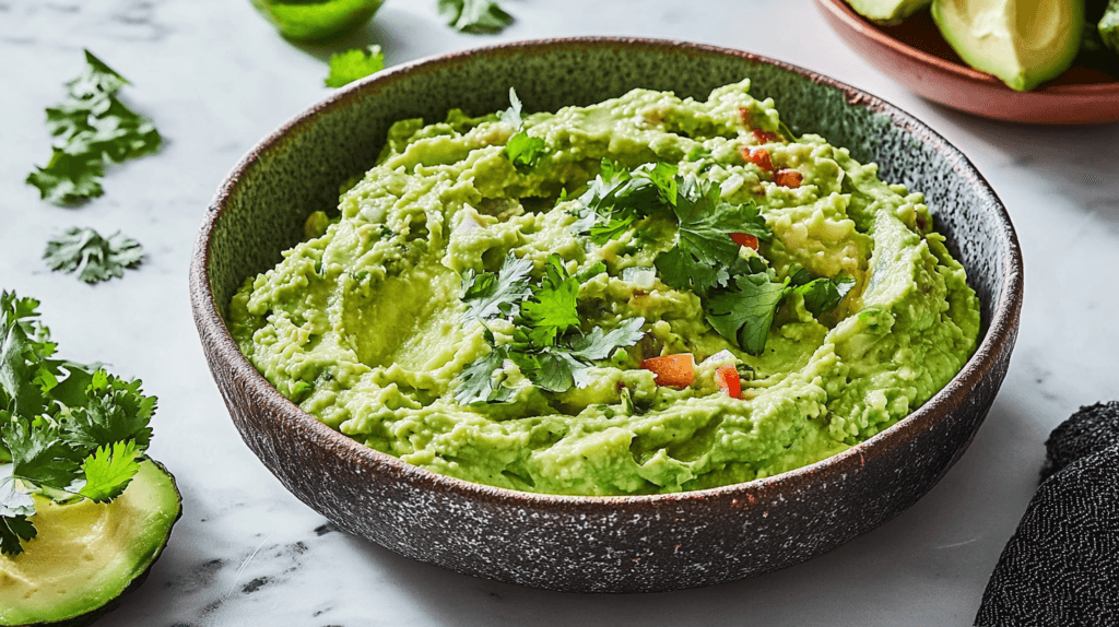 Creamy guacamole served in a black bowl, topped with fresh cilantro and crumbled cheese.