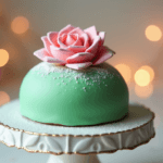 Traditional Swedish Princess Cake with a green marzipan dome and pink marzipan rose