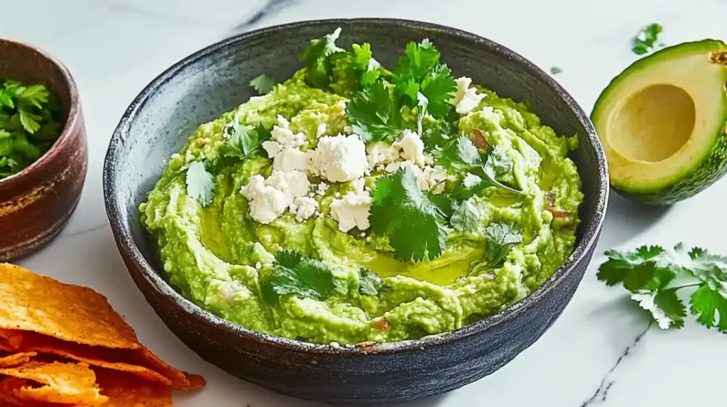Creamy guacamole served in a black bowl, topped with fresh cilantro and crumbled cheese.
