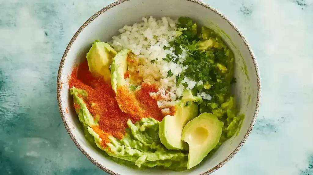 Mashed avocados in a bowl with onions, cilantro, salt, and paprika before mixing.