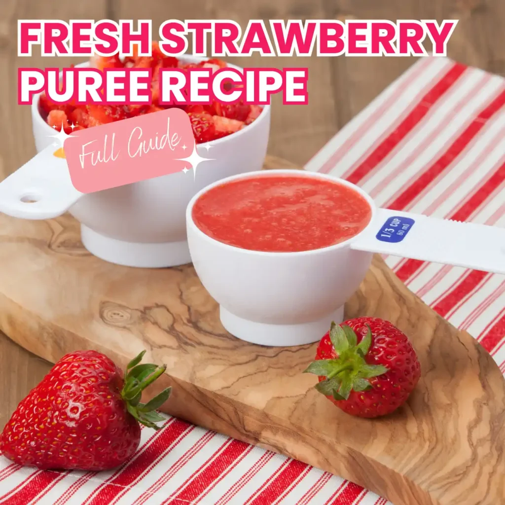 Homemade strawberry puree in a glass jar surrounded by fresh strawberries