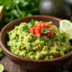 A bowl of fresh guacamole garnished with cilantro, diced tomatoes, and lime wedges on a rustic table.