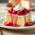 A slice of perfectly soaked Tres Leches Cake with whipped cream and strawberries