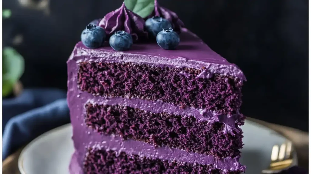 Purple Velvet Cake with cream cheese frosting on a white cake stand decorated with edible flowers and purple sprinkles.