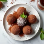 Set carob chocolates with nuts, fruit, and coconut on a tray, with a cozy background