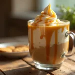 A caramel cappuccino in a white mug with caramel drizzle on top, surrounded by coffee beans on a rustic table