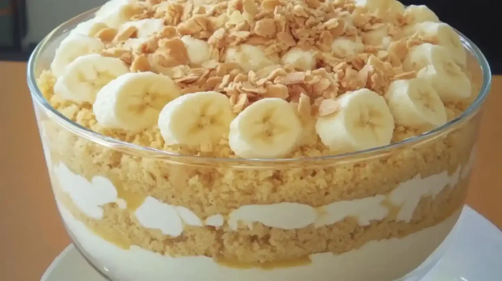 Easy banana pudding served with crushed Nilla wafers and fresh bananas on top