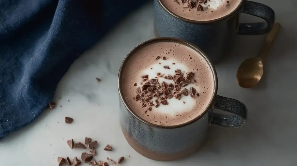 Warm bone broth hot chocolate served in a ceramic mug