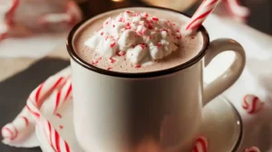 Peppermint hot chocolate topped with whipped cream and crushed candy cane pieces