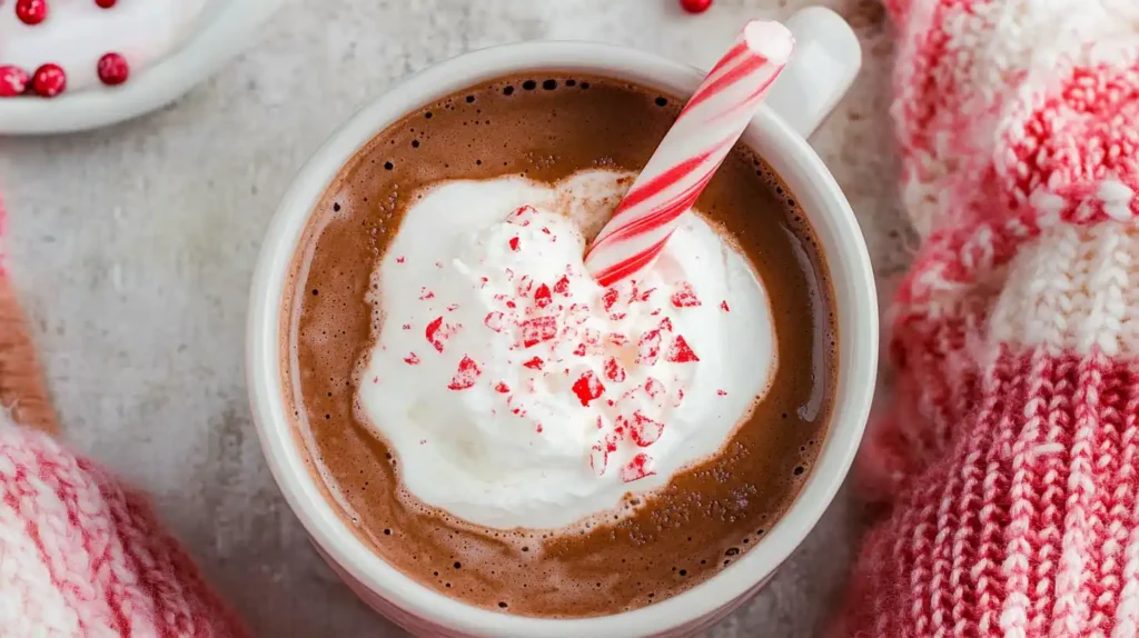 A cup of warm peppermint hot chocolate garnished with whipped cream 