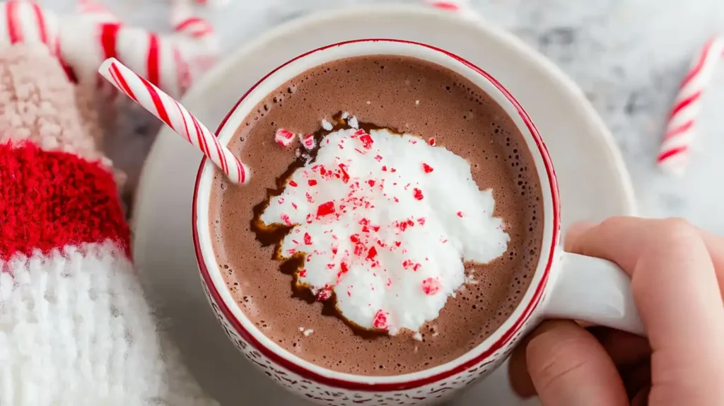 Festive peppermint hot chocolate topped with whipped cream