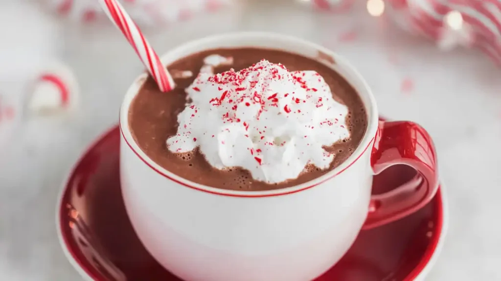 Peppermint hot chocolate topped with whipped cream and crushed candy cane pieces