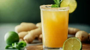 Ginger Beer Mocktail % A glass of ginger beer mocktail garnished with lime slices and mint sprigs