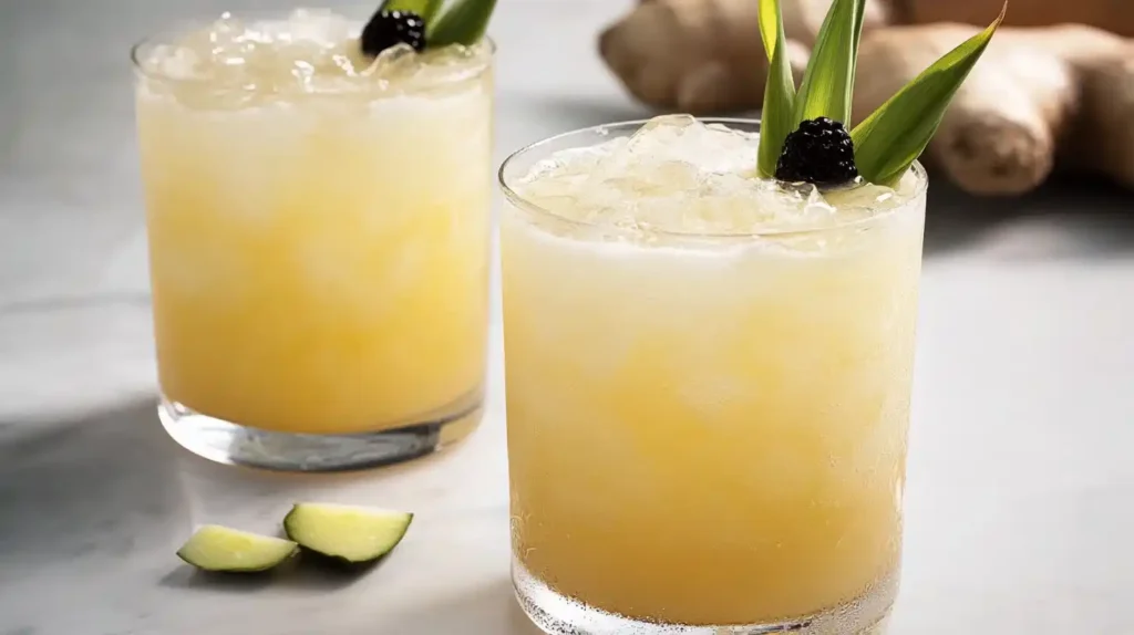 Ginger Beer Mocktail % A glass of ginger beer mocktail garnished with lime slices and pineapple