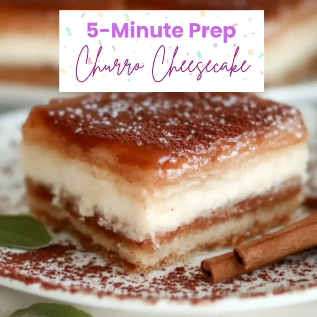 A stack of two churro cheesecake bars topped with cinnamon sugar and drizzled with caramel sauce on a white plate.