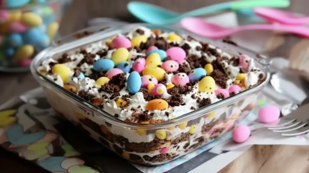 A glass dish filled with Dirt Cake Casserole, decorated with pastel chocolate eggs and cookie crumbles, with colorful spoons in the background.
