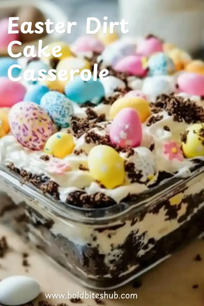 Eazy Fun Easter Dirt Cake Casserole % A glass dish filled with Dirt Cake Casserole, decorated with pastel chocolate eggs and cookie crumbles, with colorful spoons in the background.