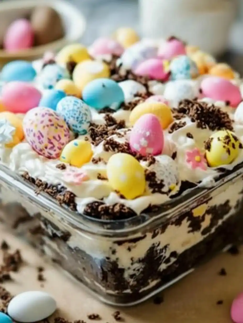 Eazy Fun Easter Dirt Cake Casserole % A close-up view of Dirt Cake Casserole with layers of chocolate cookies, whipped topping, and colorful chocolate eggs in a glass dish.