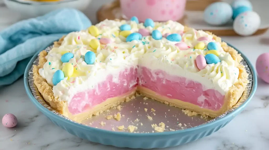 A whole pastel-colored Jell-O pie with pink, purple, and blue layers, topped with whipped cream and gold sprinkles.