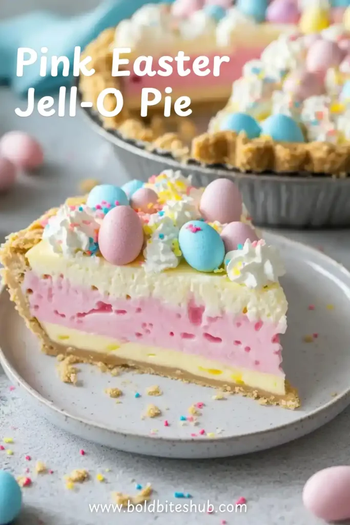 A slice of layered Eazy Pink Easter Jell-O Pie with pink, blue, and yellow layers, topped with whipped cream and pastel sprinkles.