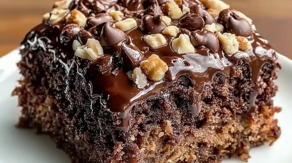 A rich slice of German Chocolate Poke Cake topped with melted chocolate, chopped pecans, and a gooey coconut-pecan filling.