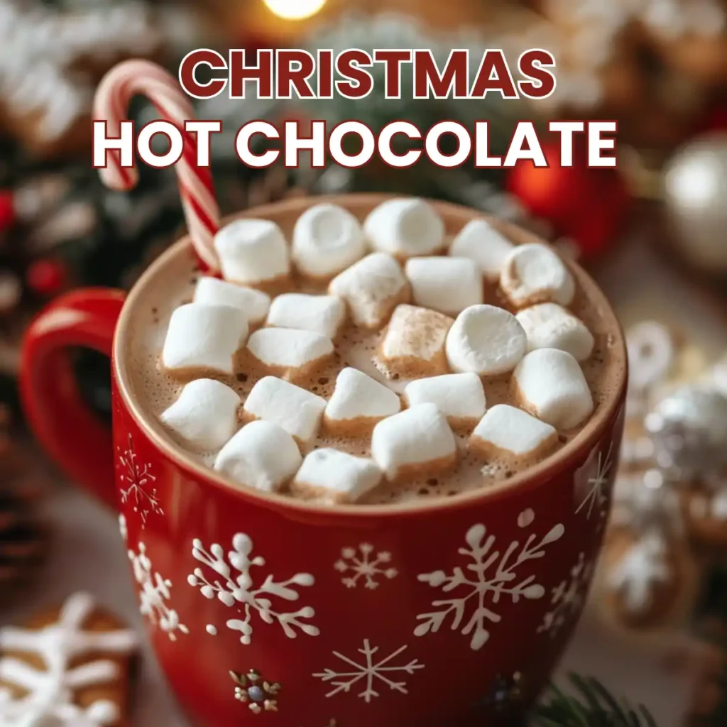 recipes % A mug of creamy Christmas hot chocolate topped with whipped cream and crushed candy canes.